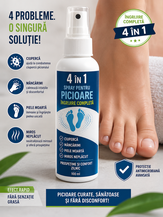 Spray Intensiv 4 în 1 pentru Picioare – Ciupercă, Mâncărimi, Piele Moartă și Miros Neplăcut